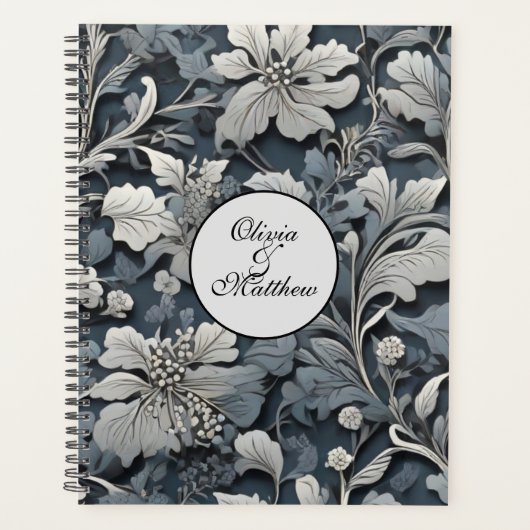 Elegant stoffig blauw zilver wit grijs bloemen planner (Voorkant)