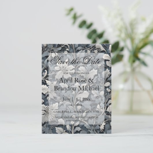 Elegant stoffig blauw zilver wit grijs bloemen save the date (Staand voorkant)