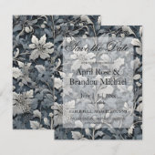 Elegant stoffig blauw zilver wit grijs bloemen save the date (Voorkant / Achterkant)