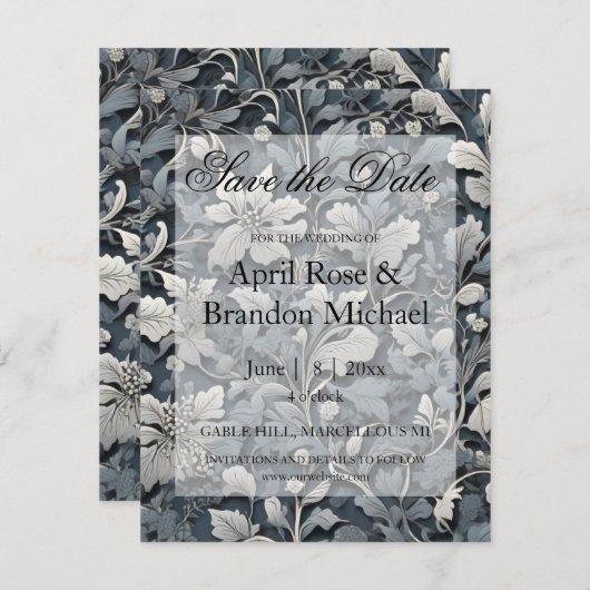 Elegant stoffig blauw zilver wit grijs bloemen save the date (Voorkant / Achterkant)