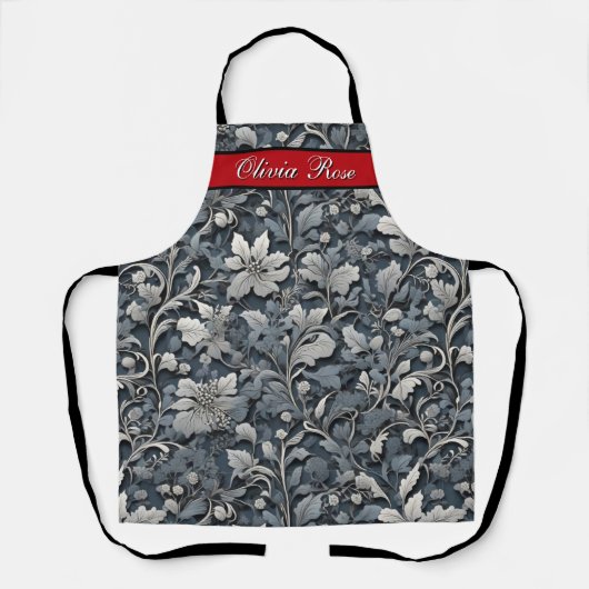 Elegant stoffig blauw zilver wit grijs bloemen schort (Voorkant)