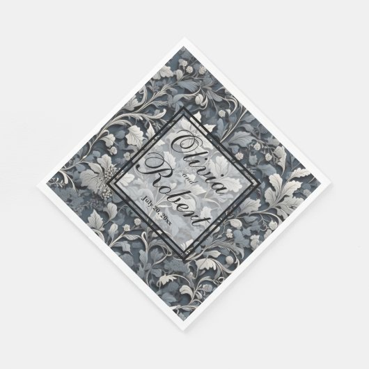 Elegant stoffig blauw zilver wit grijs bloemen servet (Hoek)