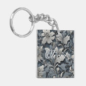 Elegant stoffig blauw zilver wit grijs bloemen sleutelhanger (Voorkant Links)