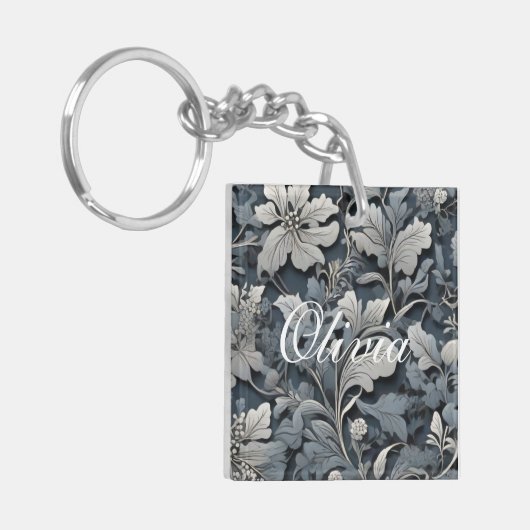 Elegant stoffig blauw zilver wit grijs bloemen sleutelhanger (Voorkant Links)