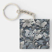 Elegant stoffig blauw zilver wit grijs bloemen sleutelhanger (Voorkant)