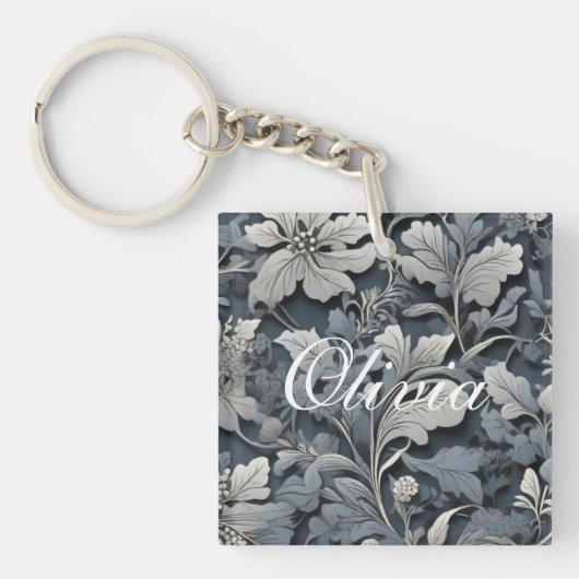 Elegant stoffig blauw zilver wit grijs bloemen sleutelhanger (Voorkant)