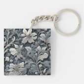 Elegant stoffig blauw zilver wit grijs bloemen sleutelhanger (Achterkant)