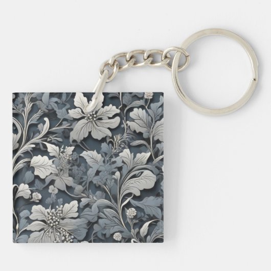 Elegant stoffig blauw zilver wit grijs bloemen sleutelhanger (Achterkant)