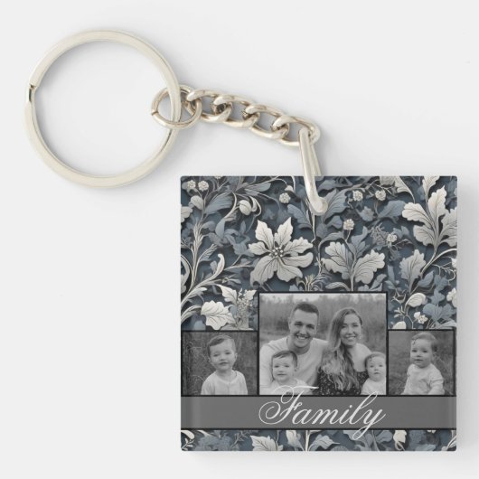 Elegant stoffig blauw zilver wit grijs bloemen sleutelhanger (voorkant)