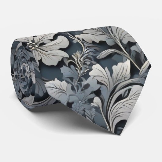 Elegant stoffig blauw zilver wit grijs bloemen stropdas (Opgerold)