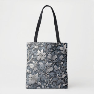 Elegant stoffig blauw zilver wit grijs bloemen tote bag