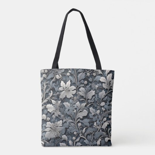 Elegant stoffig blauw zilver wit grijs bloemen tote bag (Achterkant)