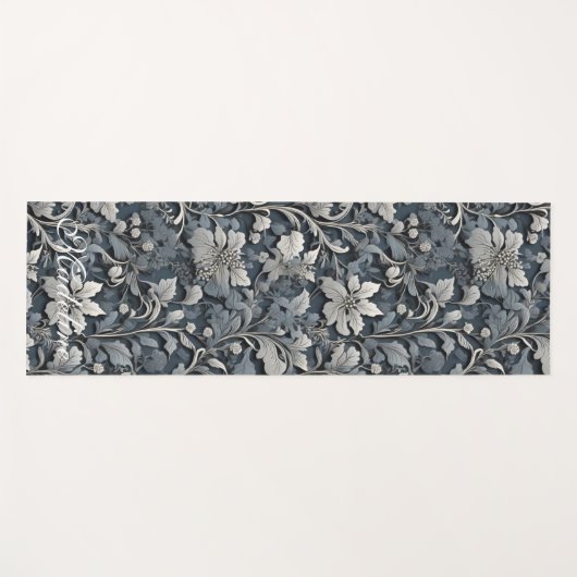 Elegant stoffig blauw zilver wit grijs bloemen yogamat (Voorkant (horizontaal))