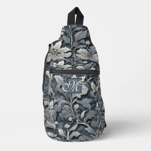 Elegant stoffig blauw zilver wit grijs bloemenschr sling bag