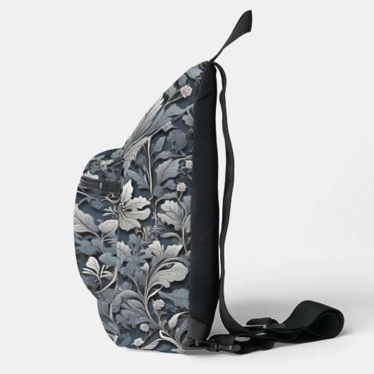 Elegant stoffig blauw zilver wit grijs bloemenschr sling bag (Rechts)