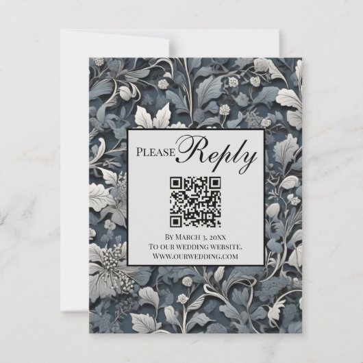 Elegant stoffig blauw zilvergrijs bloemenQR-code RSVP Kaartje (Voorkant)