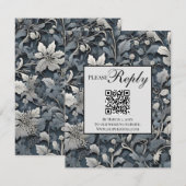 Elegant stoffig blauw zilvergrijs bloemenQR-code RSVP Kaartje (Voorkant / Achterkant)