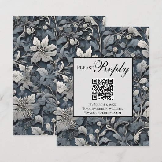Elegant stoffig blauw zilvergrijs bloemenQR-code RSVP Kaartje (Voorkant / Achterkant)