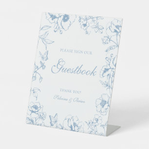 Elegant stoffig blauwe bloem bruiloft gastboek reclamebord met voetstuk