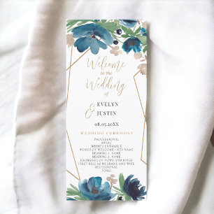 Elegant stoffig blauwe gouden bloemen-huwelijkspro programmakaart