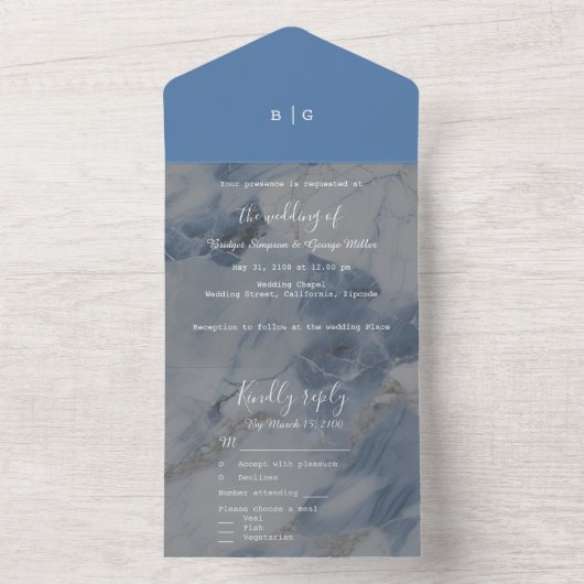 Elegant stoffig blauwe kust oceaan marmer all in one uitnodiging (Binnen)