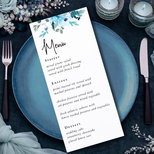 Elegant stoffig blauwe witte bloemen trouwmenu menu