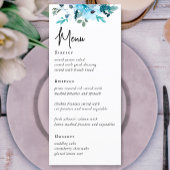 Elegant stoffig blauwe witte bloemen trouwmenu menu