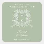 Elegant stoffig groen  crest monogram bruiloft vierkante sticker (Voorkant)