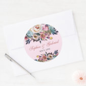 Elegant Stoffig Perzik Roze Blauw Bloemen Bruiloft Ronde Sticker (Envelop)