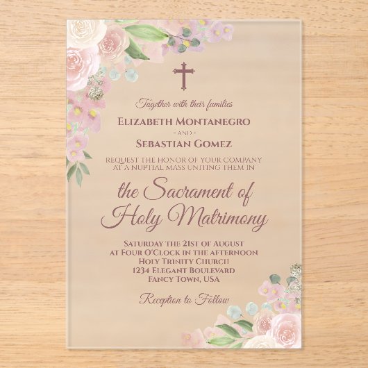 Elegant stoffig Roos Bloemen Modern Katholiek Huwe Acryl Uitnodigingen (Voorkant)