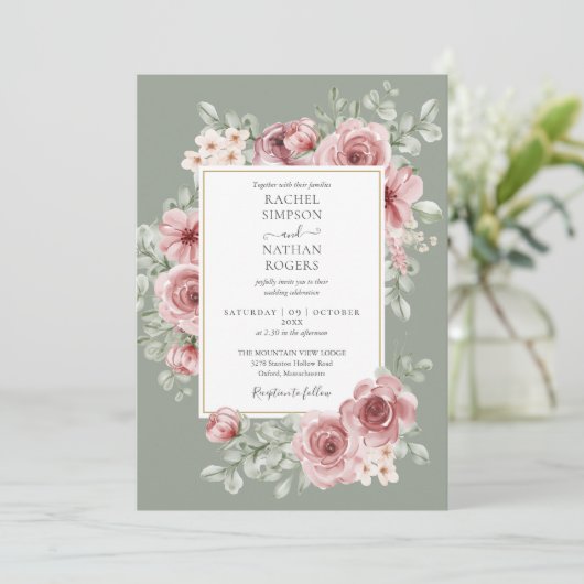 Elegant Stoffig Roos Bloemen Salie Groen Bruiloft Kaart