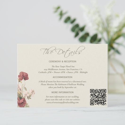 Elegant stoffig Roos bloemenbruiloft De details Informatiekaartje (Staand voorkant)