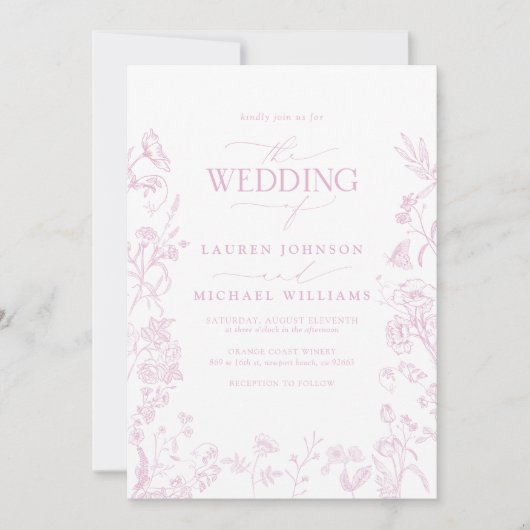 Elegant stoffig Roos Chinoiserie Fotobruiloft Kaart (Voorkant)