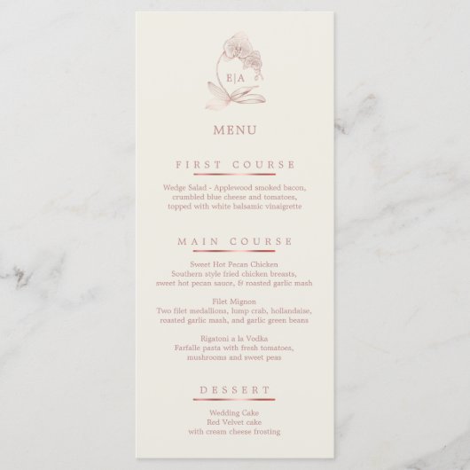 Elegant stoffig Roos en Ivoren Orchidee Wedding Me Menu (Voorkant)
