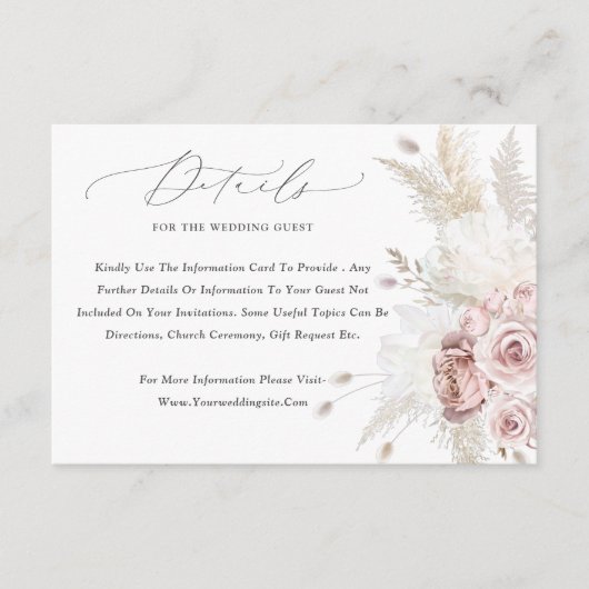 Elegant stoffig Roos Floral Wedding Enclosure Kaar Informatiekaartje (Voorkant)