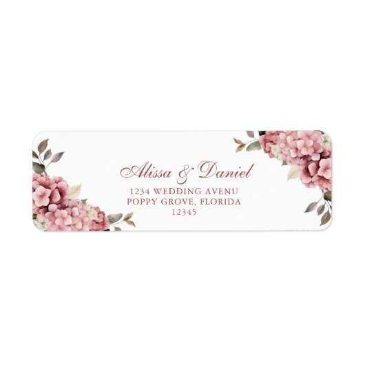 Elegant Stoffig Roos Hydrangea Trouwadres Etiket (Voorkant)
