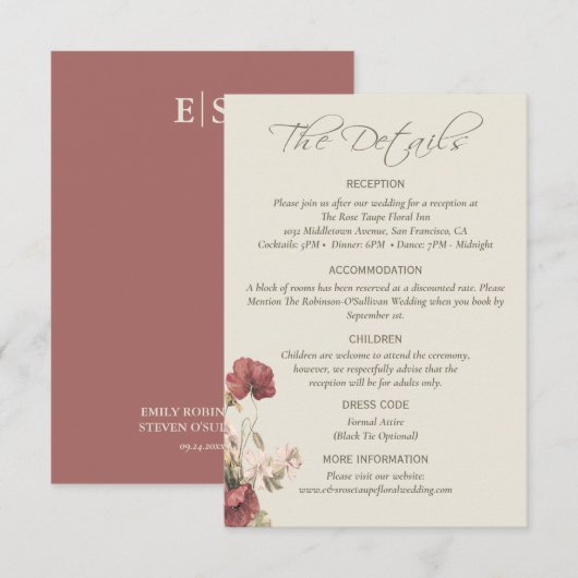 Elegant stoffig Roos monogrammed bruiloft De detai Informatiekaartje (Voorkant / Achterkant)