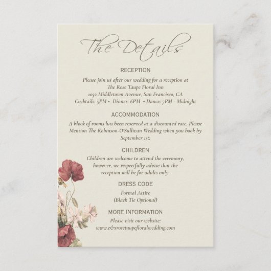 Elegant stoffig Roos monogrammed bruiloft De detai Informatiekaartje (Voorkant)