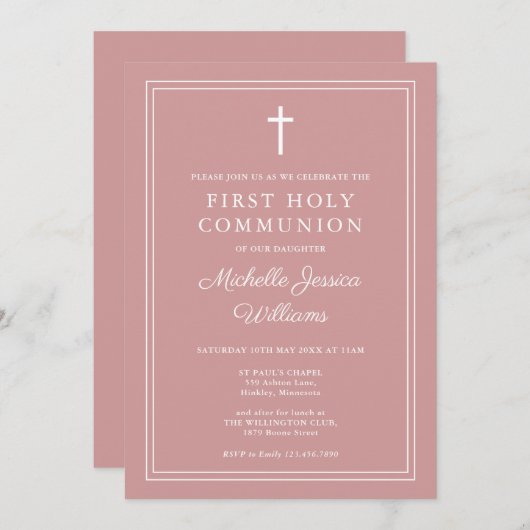 Elegant stoffig Roos Roze Eerste Heilige Communie Kaart (Voorkant / Achterkant)
