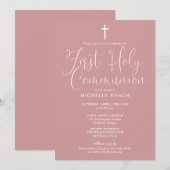 Elegant stoffig Roos Roze Eerste Heilige Communie Kaart (Voorkant / Achterkant)