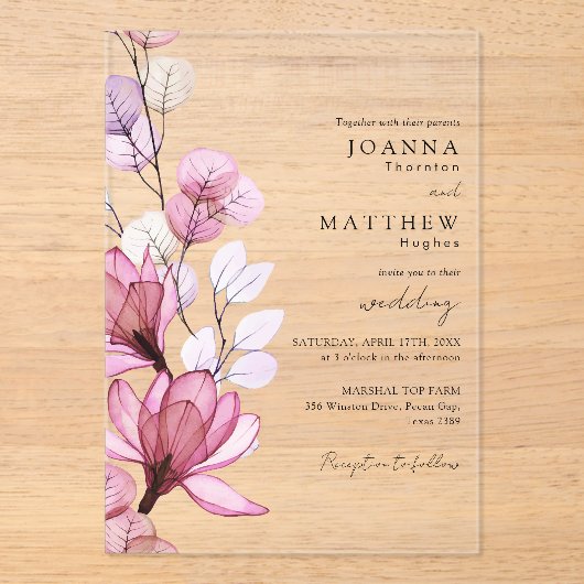 Elegant stoffig Roos Transparant Bloemen Huwelijk Acryl Uitnodigingen (Voorkant)