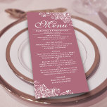 Elegant Stoffig Roos & Witte Frilly Corners Bruilo Menu<br><div class="desc">Dit prachtige stoffige roos of mauve roze kleurige menu zal wat stijl toevoegen aan uw huwelijksreceptie. Het heeft een eenvoudig maar mooi ontwerp met elegante letters en decoratieve witte krullen en wervelingen in de hoeken. Er is ruimte voor de namen van het paar en de trouwdatum, en de tekst is...</div>