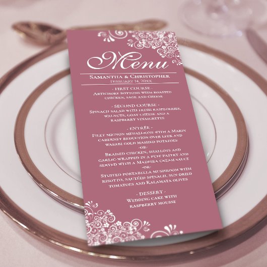 Elegant Stoffig Roos & Witte Frilly Corners Bruilo Menu