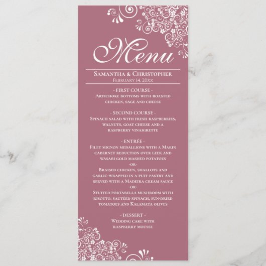 Elegant Stoffig Roos & Witte Frilly Corners Bruilo Menu (Voorkant)