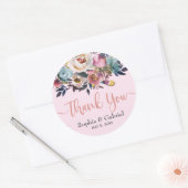 Elegant Stoffig Roze Blauw Bloemen Bruiloft Dank u Ronde Sticker (Envelop)