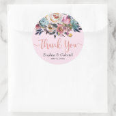 Elegant Stoffig Roze Blauw Bloemen Bruiloft Dank u Ronde Sticker (Tas)