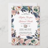 Elegant Stoffig Roze Blauw Bloemen Krans Bruiloft Kaart (Voorkant)