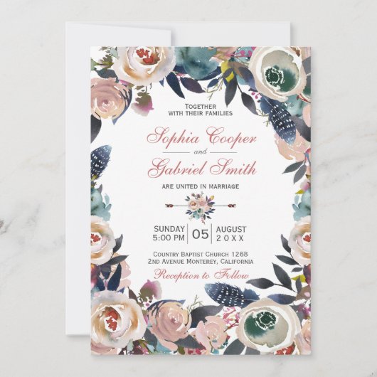 Elegant Stoffig Roze Blauw Bloemen Krans Bruiloft Kaart (Voorkant)