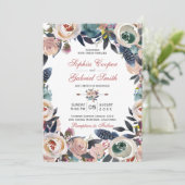 Elegant Stoffig Roze Blauw Bloemen Krans Bruiloft Kaart (Staand voorkant)