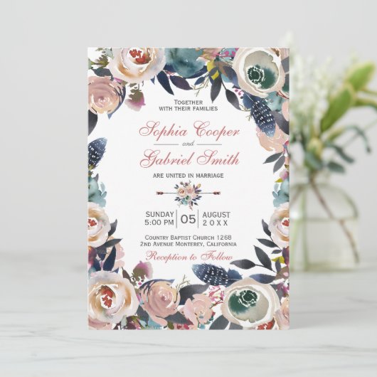 Elegant Stoffig Roze Blauw Bloemen Krans Bruiloft Kaart (Staand voorkant)